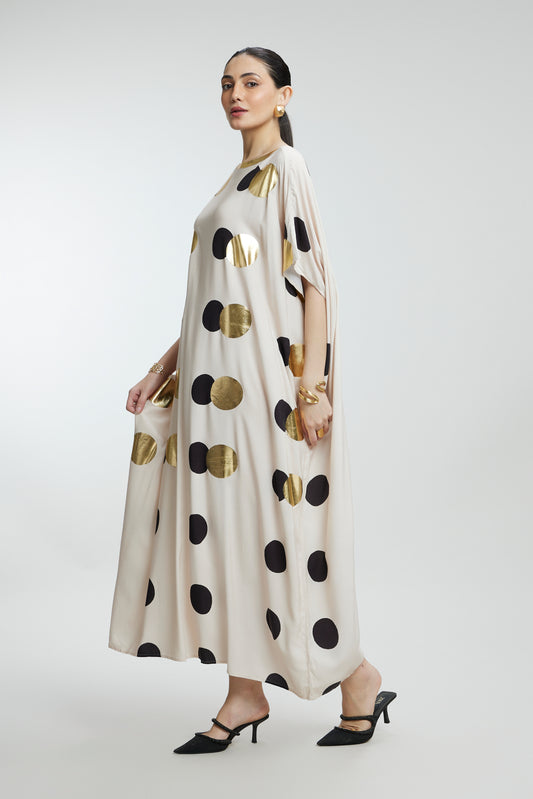 Beige & Gold Foil Dots Muslin Kaftan