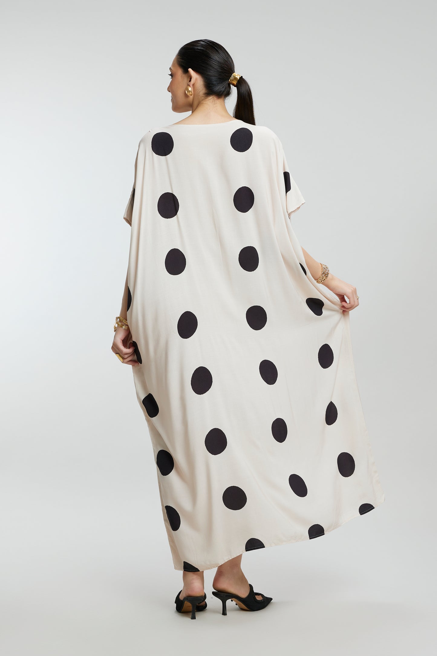 Beige & Gold Foil Dots Muslin Kaftan