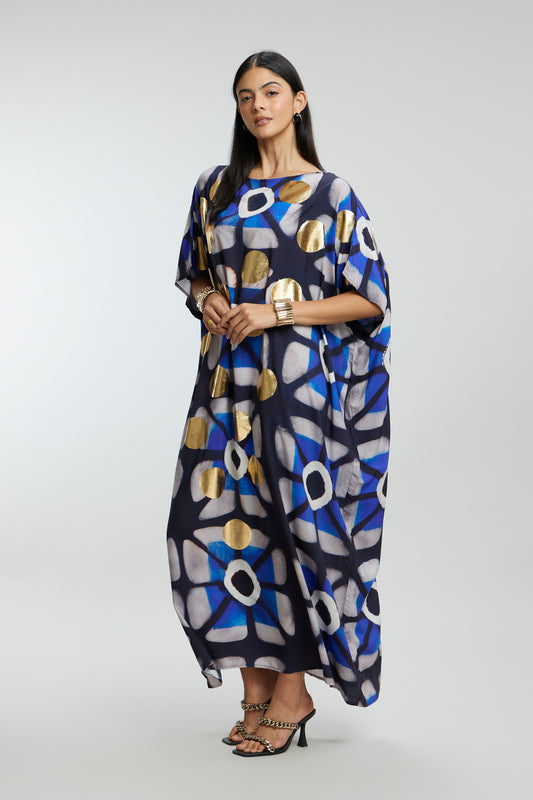 Blue & Gold Foil Big Dots Muslin Kaftan