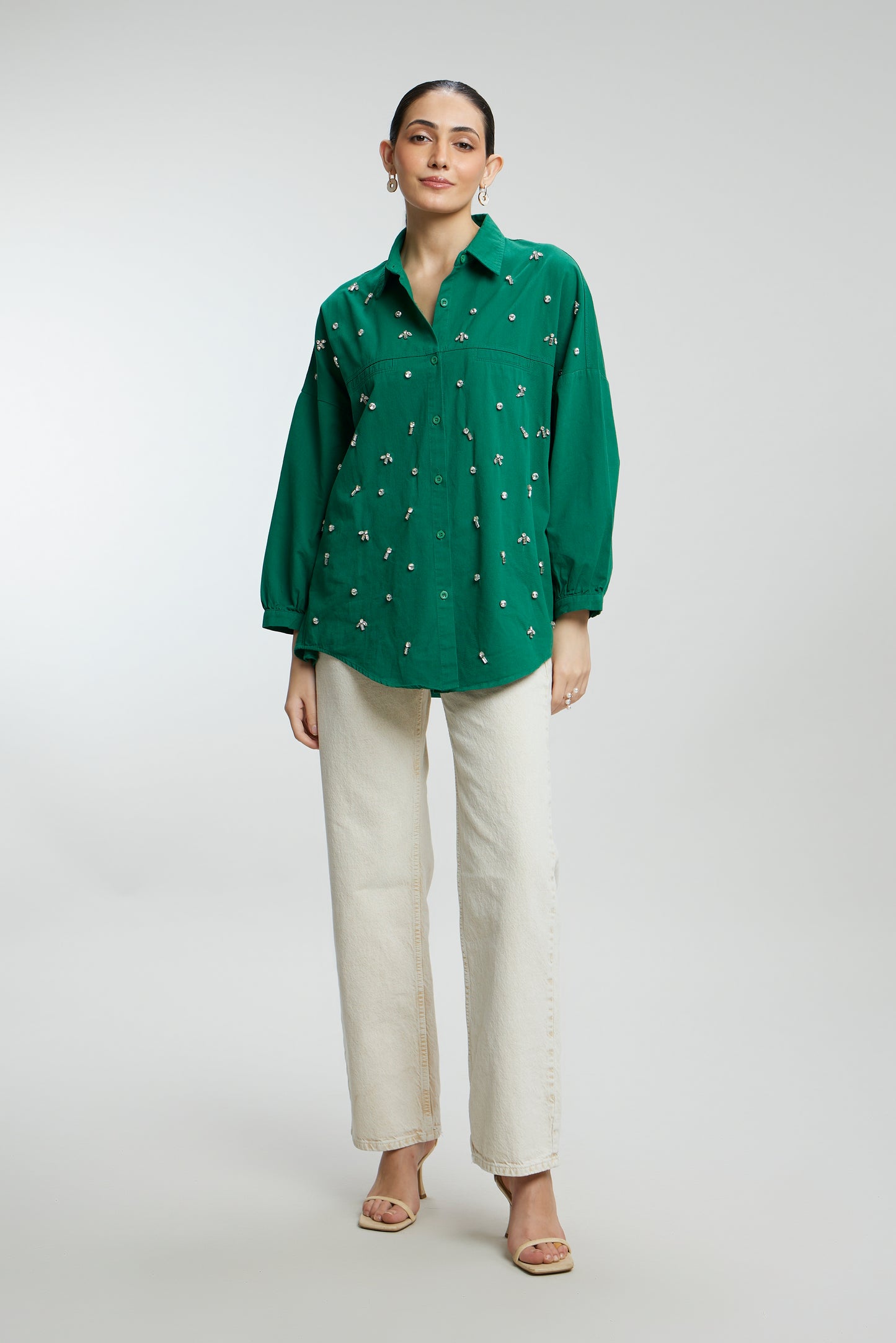 Oversized Stone Work Cotton Shirt