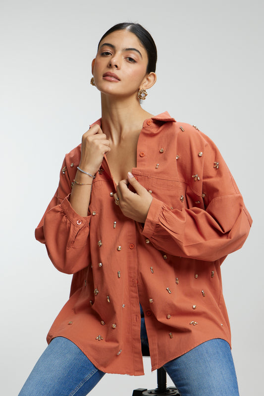 Oversized Stone Work Cotton Shirt