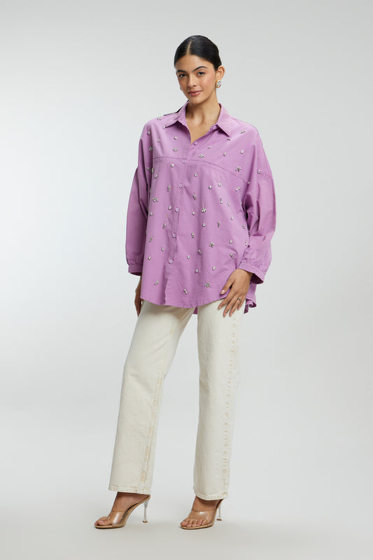 Oversized Stone Work Cotton Shirt