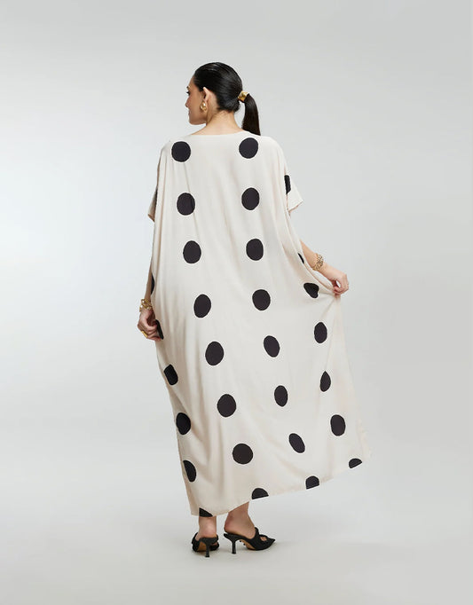 Beige & Gold Foil Dots Muslin Kaftan