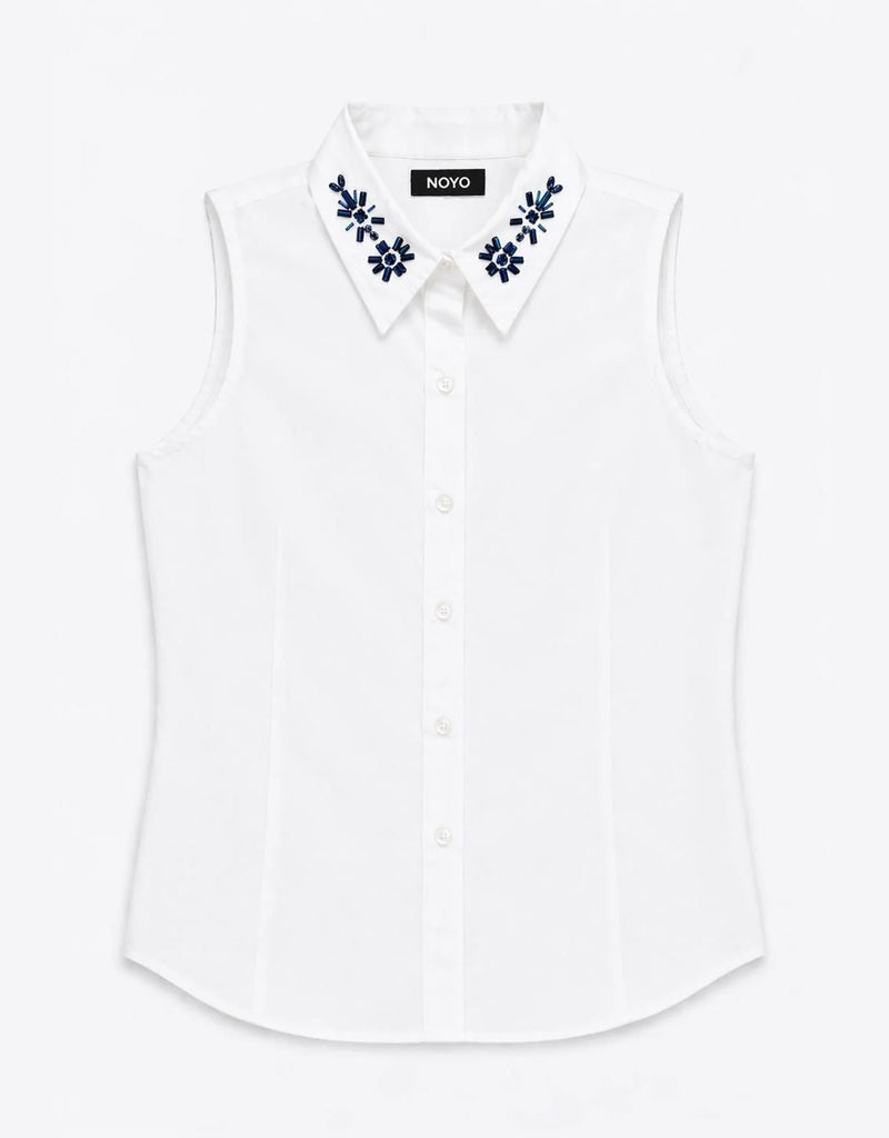 Embellished Collar Sleeveless Button-Down Blouse