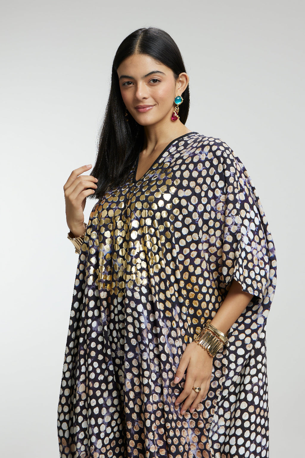 Gold Foil Small Dots Muslin Kaftan
