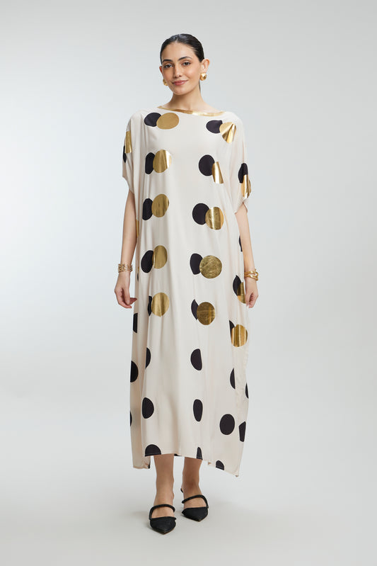 Beige & Gold Foil Dots Muslin Kaftan