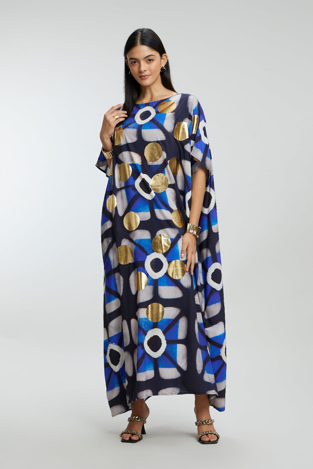 Blue & Gold Foil Big Dots Muslin Kaftan