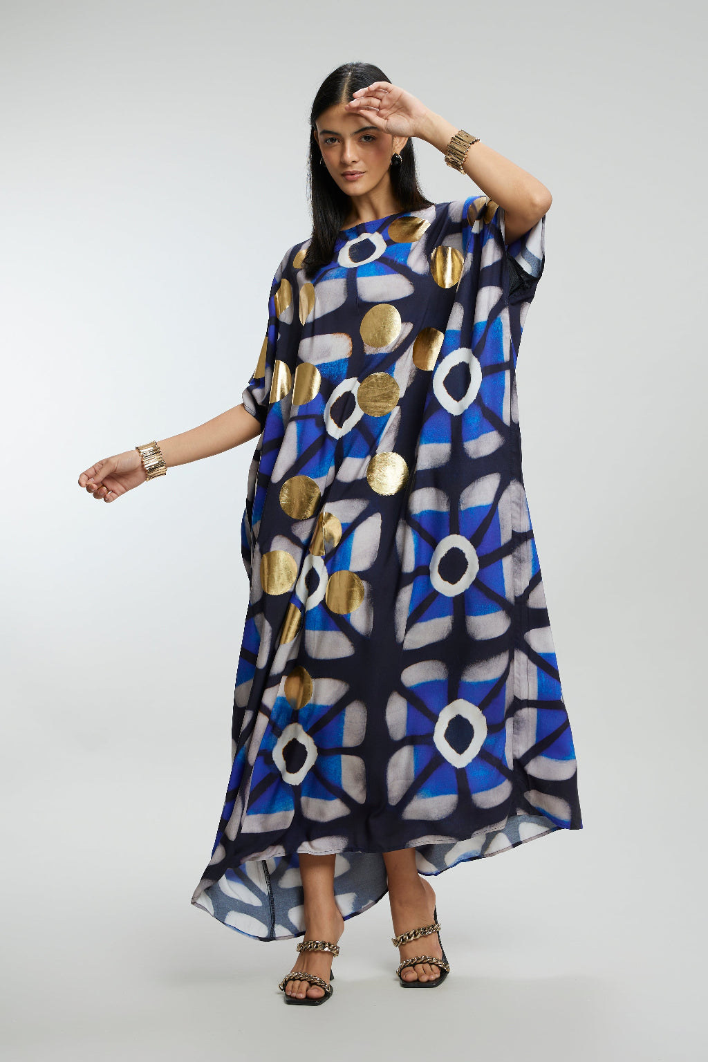 Blue & Gold Foil Big Dots Muslin Kaftan