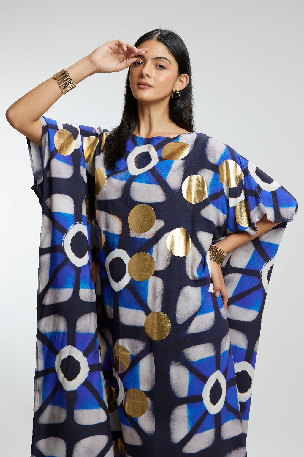 Blue & Gold Foil Big Dots Muslin Kaftan