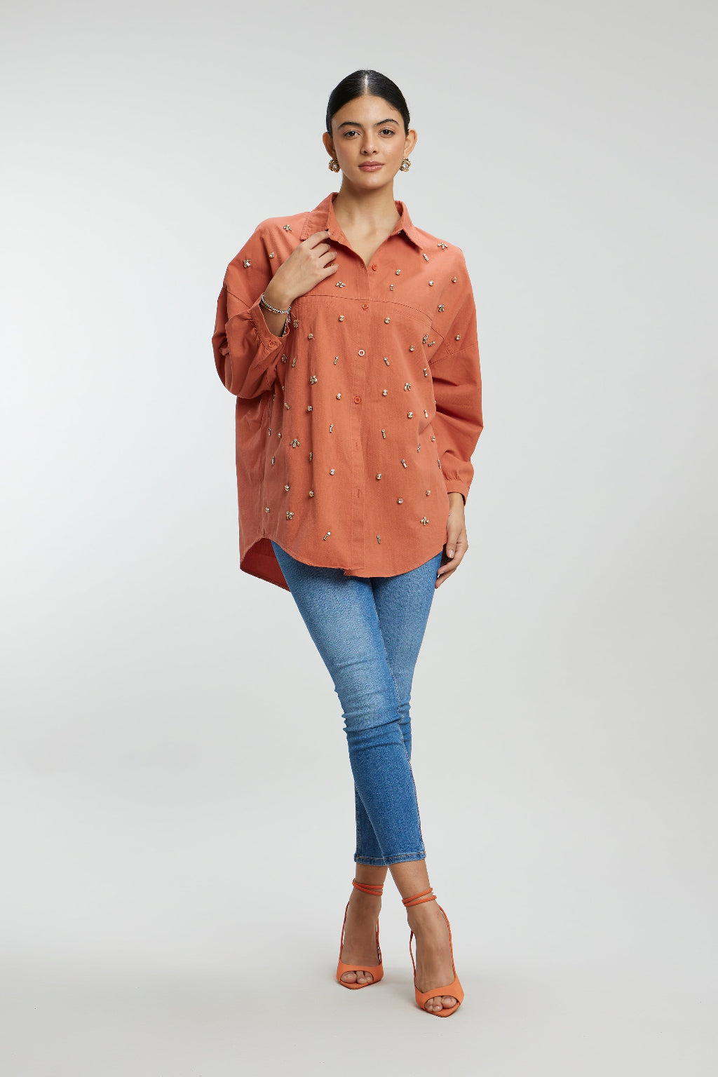Oversized Stone Work Cotton Shirt
