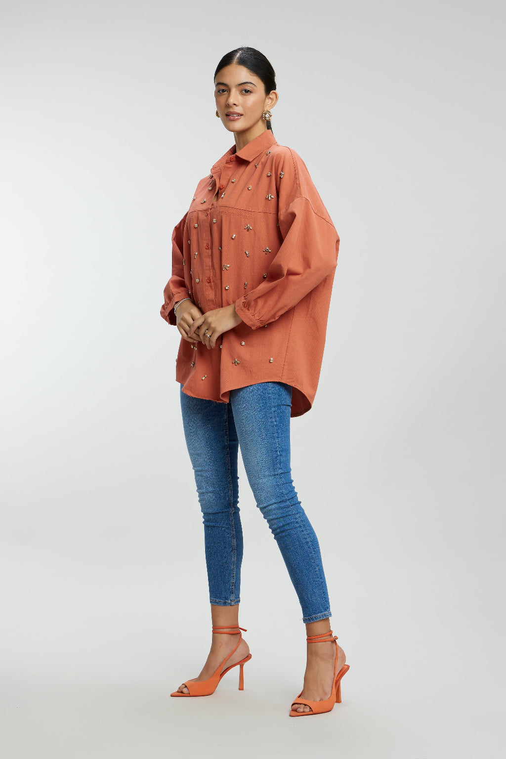 Oversized Stone Work Cotton Shirt