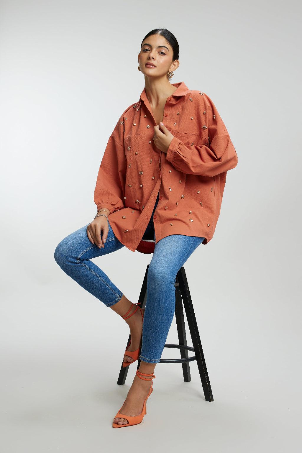 Oversized Stone Work Cotton Shirt