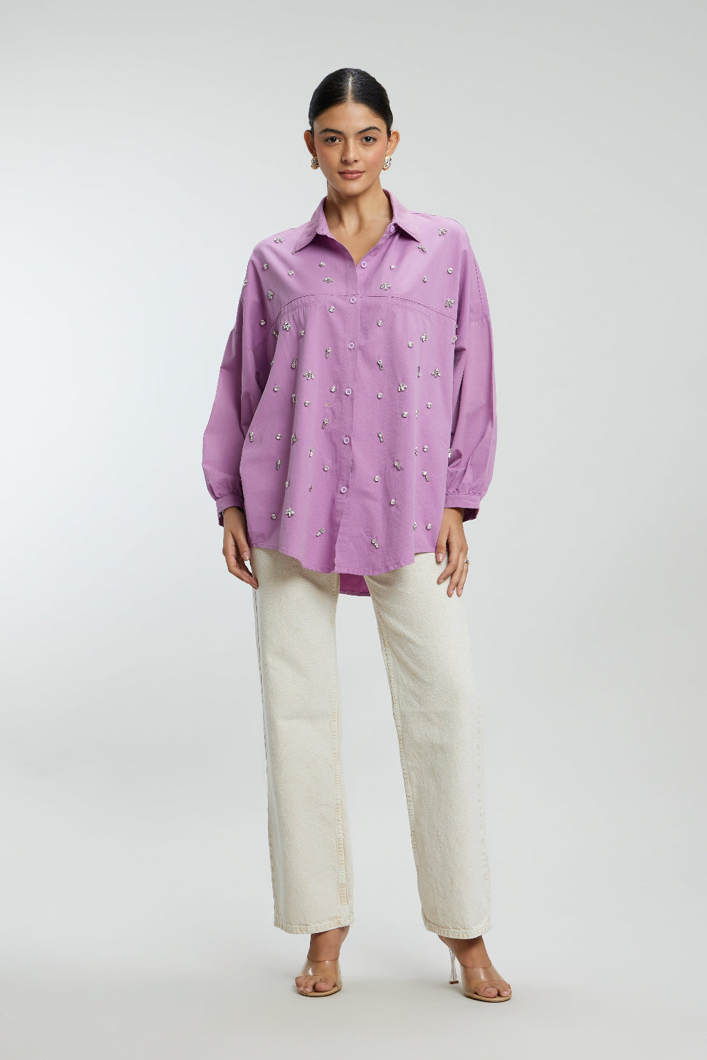 Oversized Stone Work Cotton Shirt
