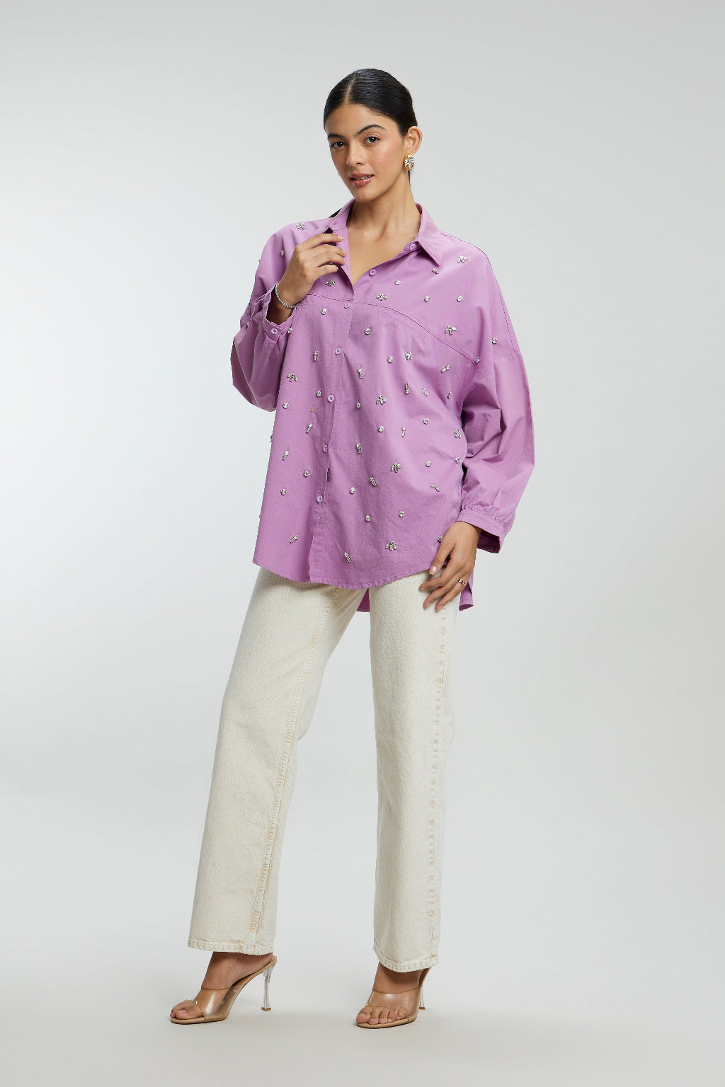 Oversized Stone Work Cotton Shirt