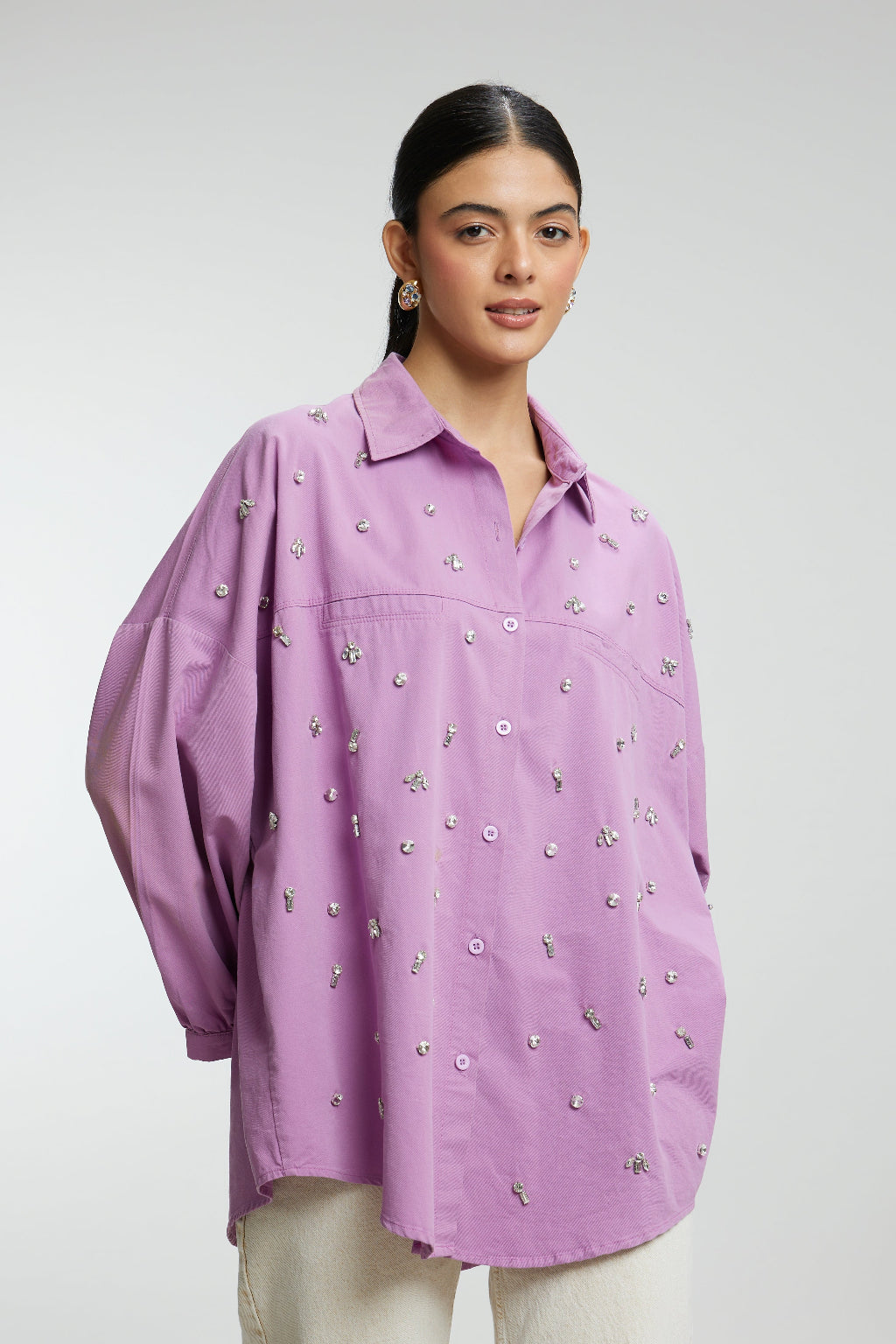 Oversized Stone Work Cotton Shirt