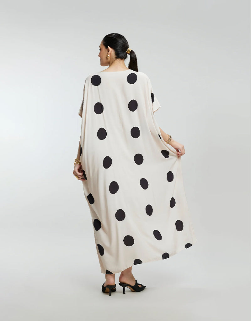 Beige & Gold Foil Dots Muslin Kaftan