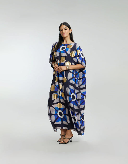 Blue & Gold Foil Big Dots Muslin Kaftan