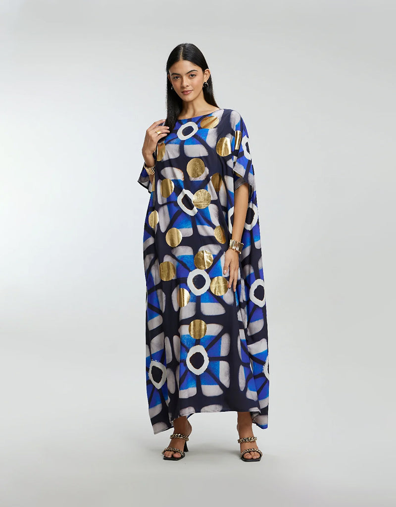 Blue & Gold Foil Big Dots Muslin Kaftan