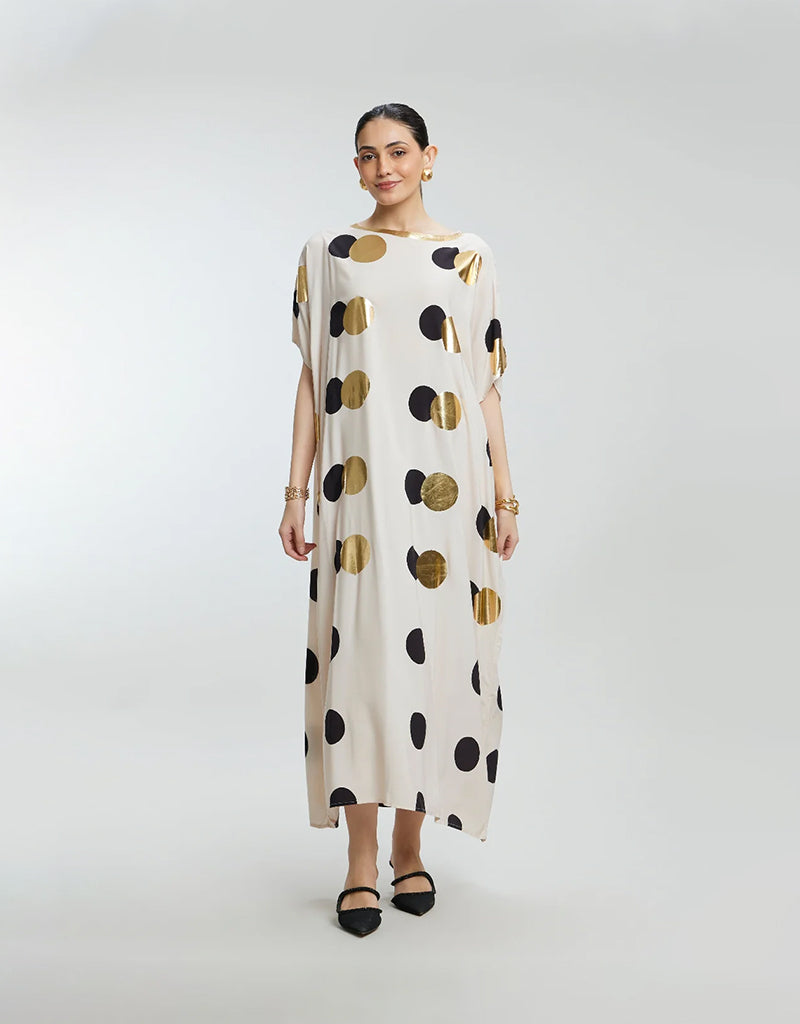 Beige & Gold Foil Dots Muslin Kaftan