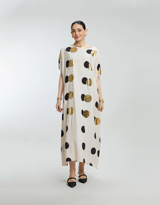 Beige & Gold Foil Dots Muslin Kaftan