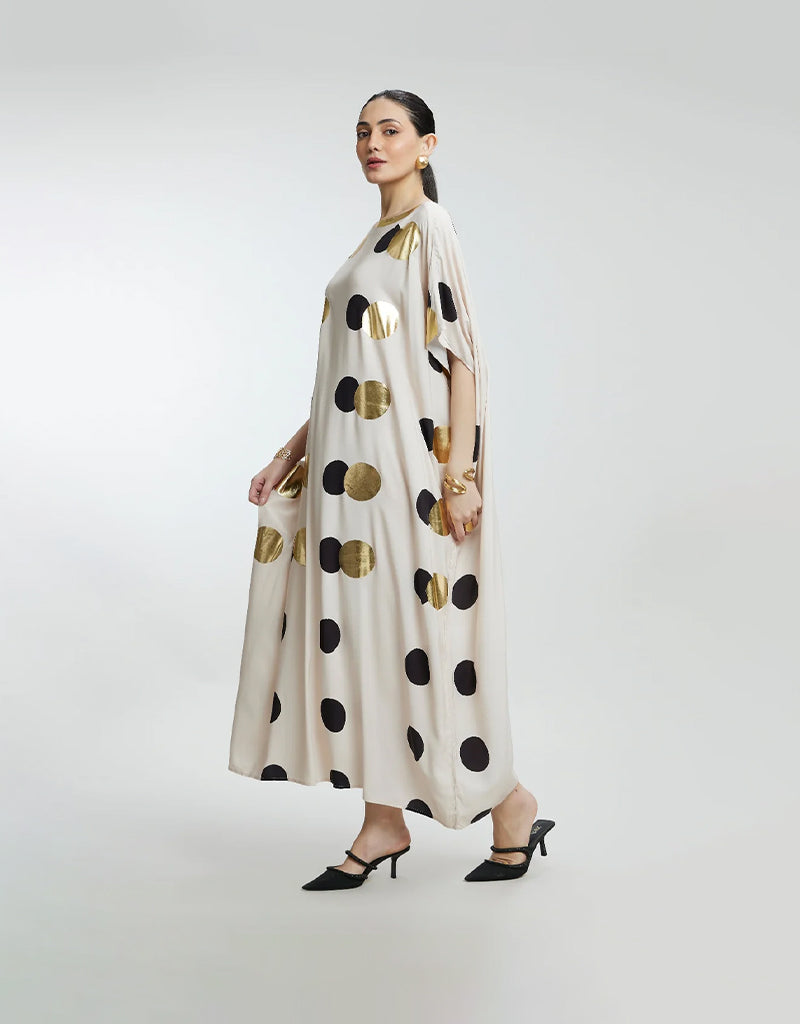 Beige & Gold Foil Dots Muslin Kaftan